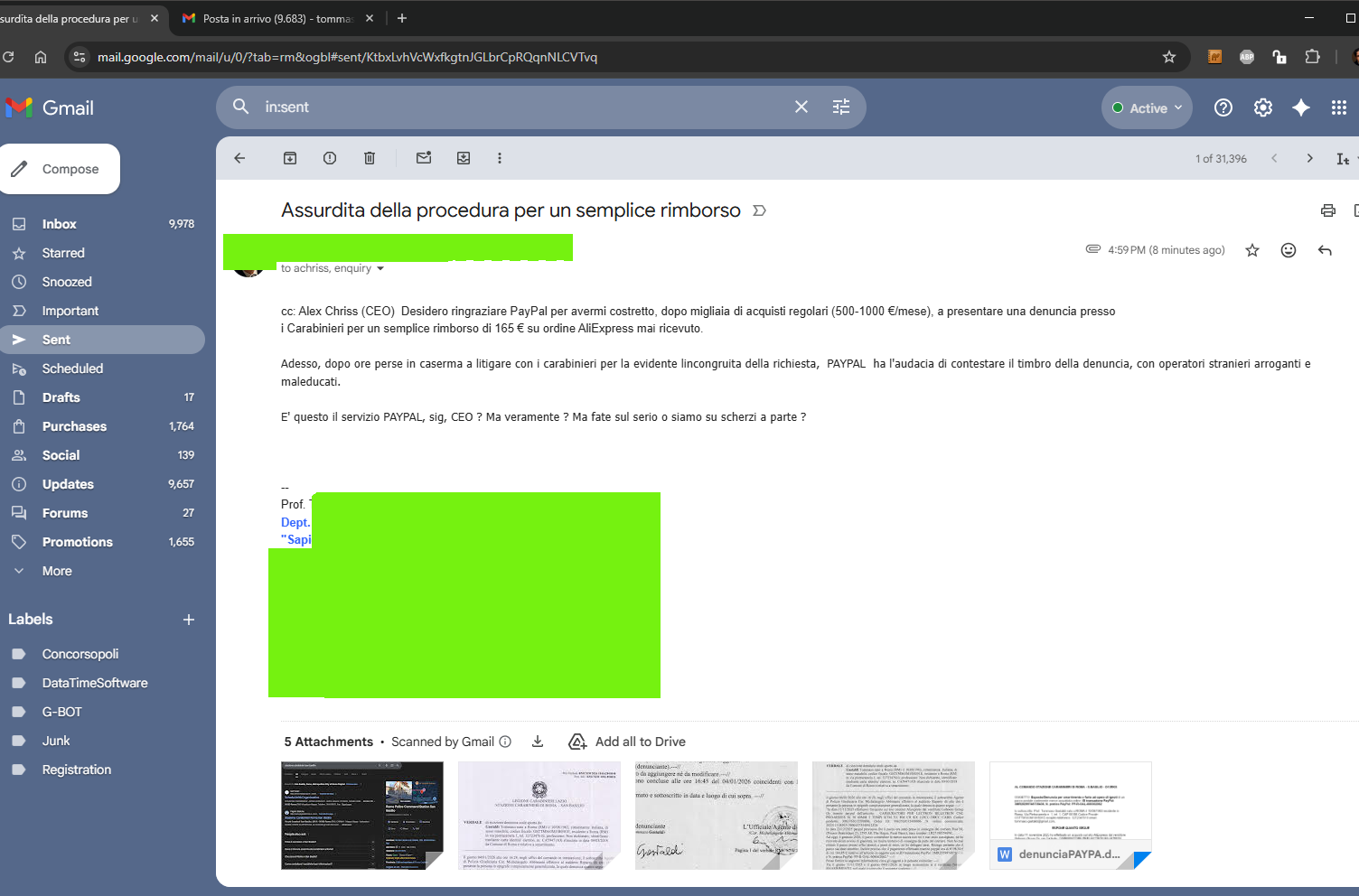Anonymous example of feedback email sent to PayPal regarding the refund procedure